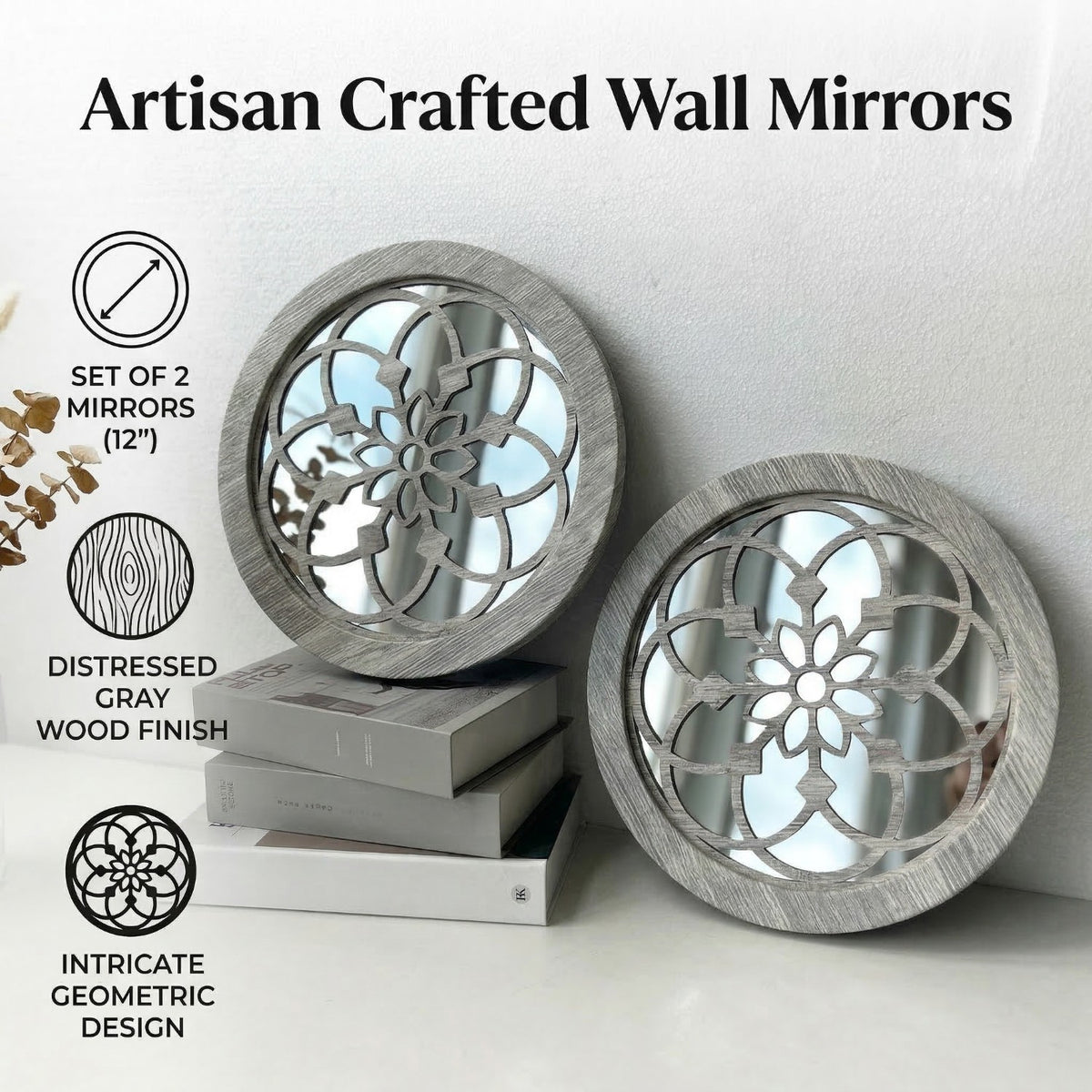 2 Pack Miroir mural en bois rond rustique