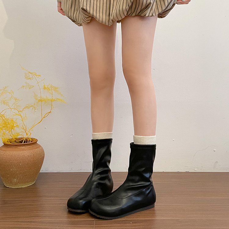 Women's Off White French Style Ankle Boots Chunky Head Martin Boots Brown Slim Fit Short B