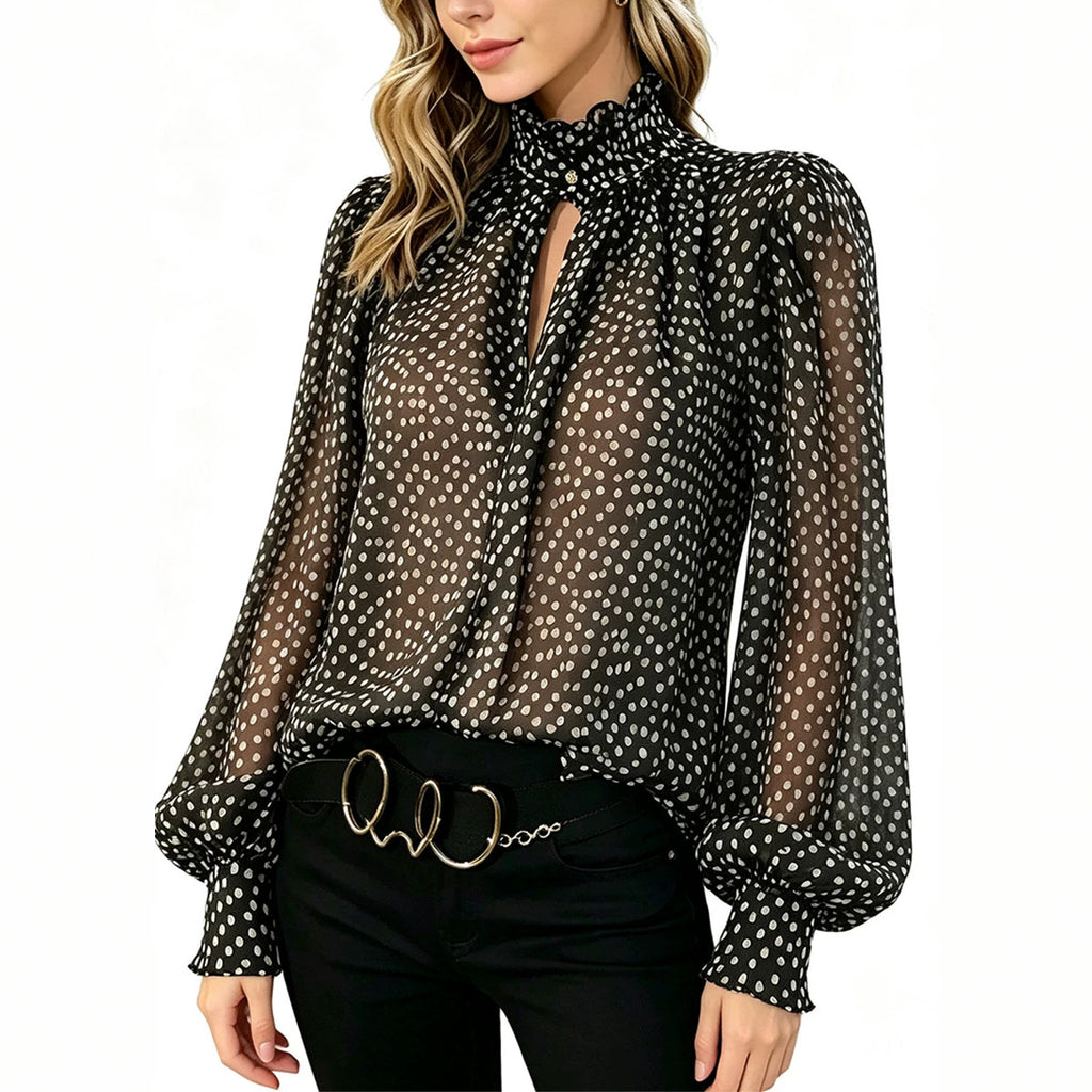 Chemise à manches longues pour femmes, style français Polka-Dot