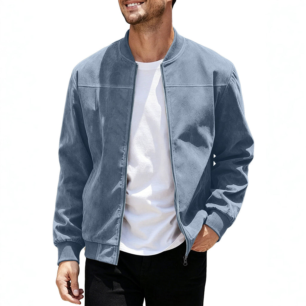 European And American Men's Suede Solid Color Casual Sports Stand Collar Zipper Jacket Plu