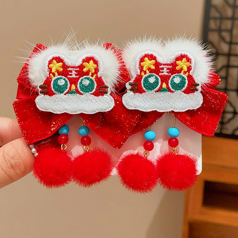 Style chinois Lion danse Bow-tie Tassel Pom-pom Clip cheveux pour les enfants