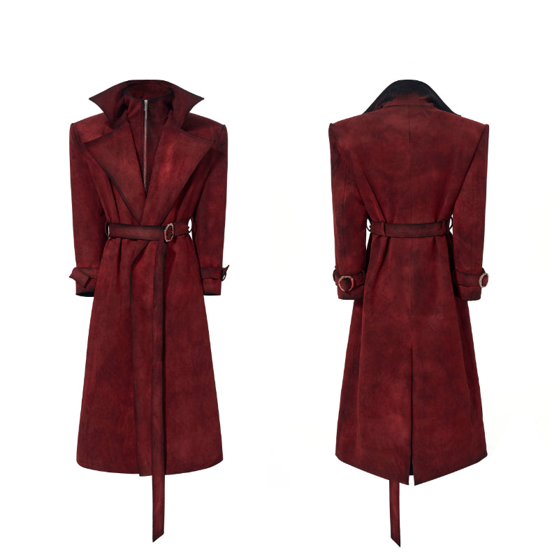 Mens Red Faux Deux-Piece Suede-Look Rembourré Thicker Long-Style Laine Trench Coat