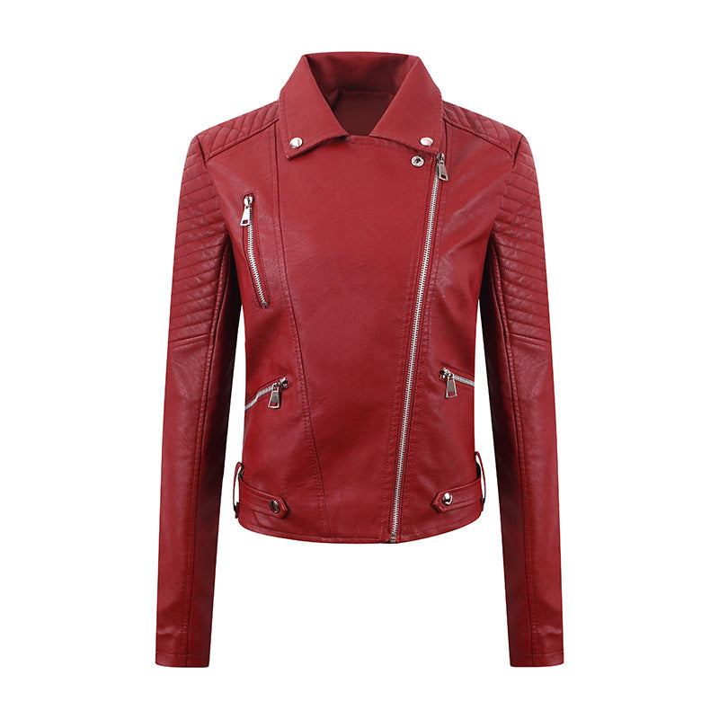 PU Femmes court en cuir Oblique Tir Slim vêtements de moto lavés veste en cuir