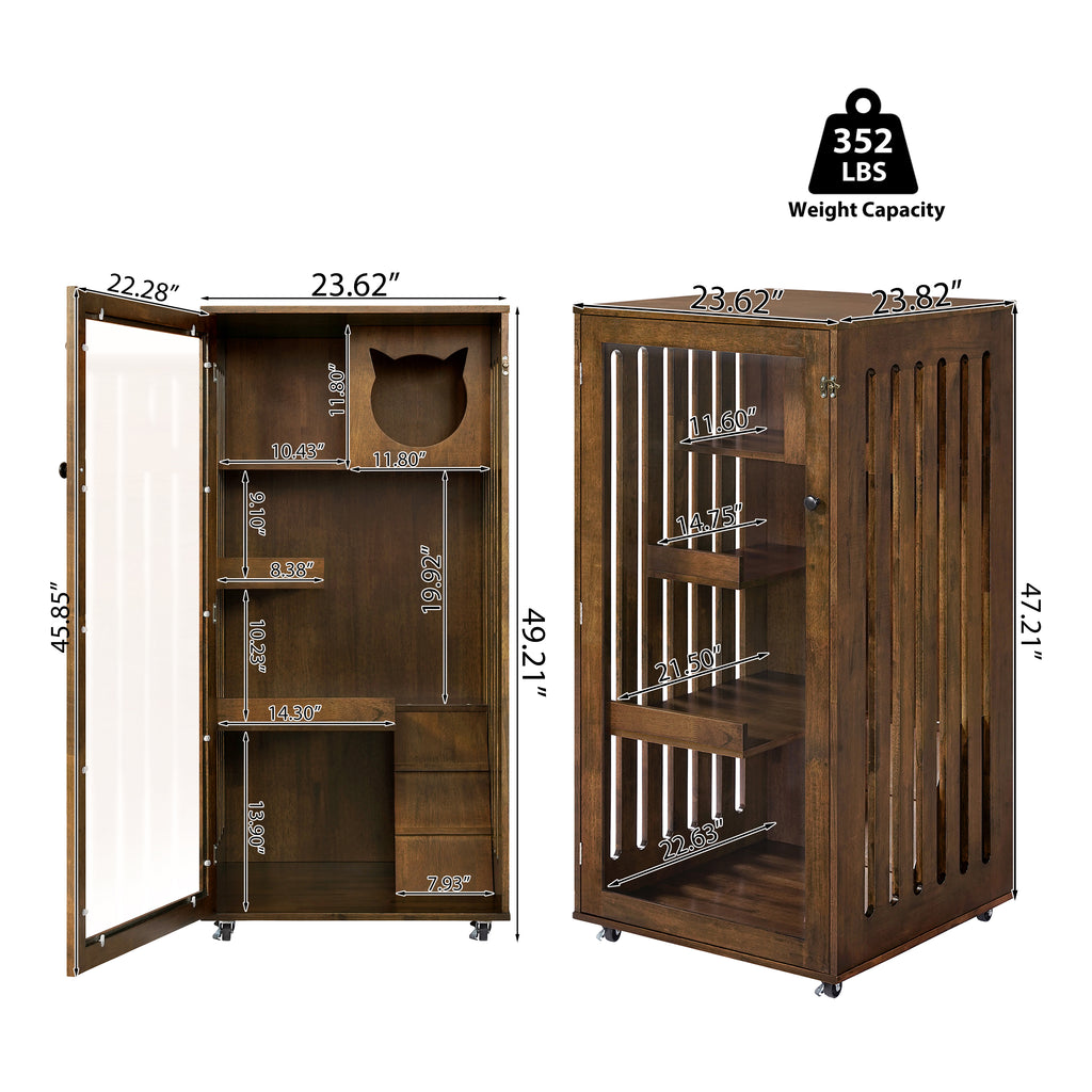 Armoire de chat en bois de caoutchouc intérieur Basia avec roues