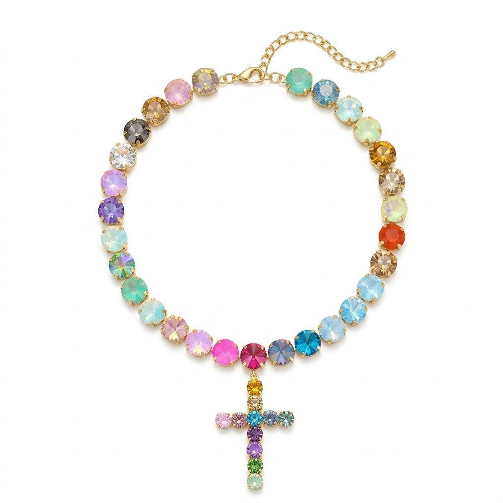 European and American Gemstone-Inlaid Multicolor Layered Mode Tassel Cross Collier Wit