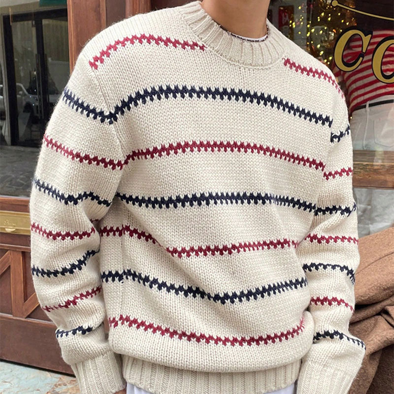 Hommes style coréen Laid-back rayé Nouveau-arrivée Loose-fitting Versatile Col d'équipage Long-sle