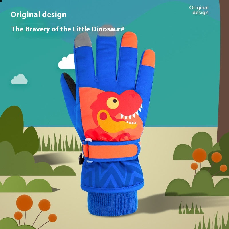 Ski pour enfants Velvet chaud à l'épreuve du vent rembourré Petits gants Dinosaure épais