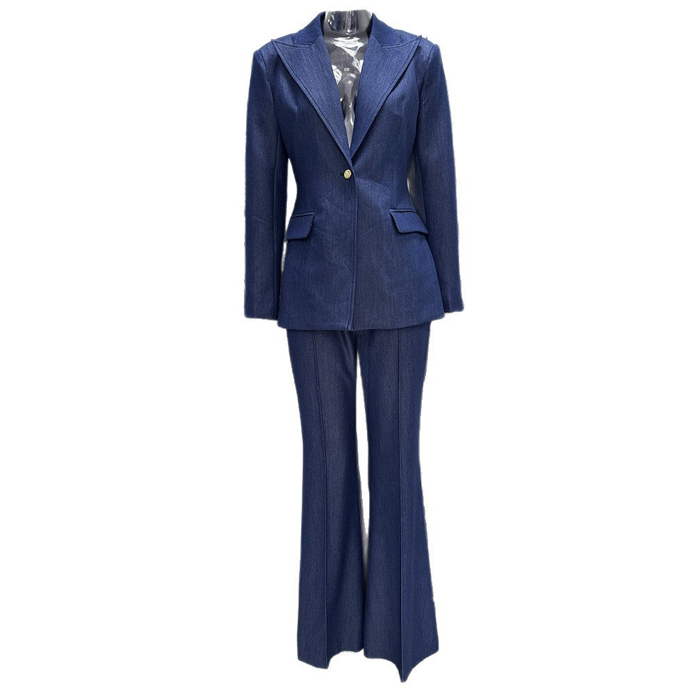 Pantalon texturé à simple bouton Peak Lapel Blazer & High Waist Flared Floor-Length Pantalons à deux pièces