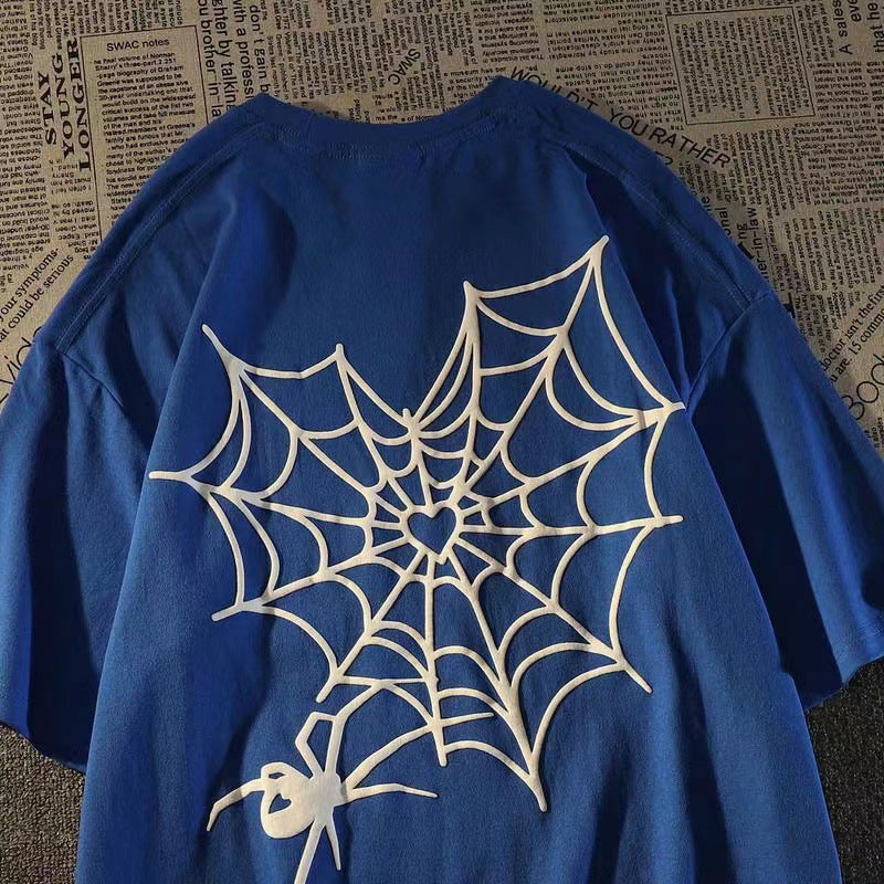 100 coton été mode marque lettres Spider Web imprimé manches courtes T-shirt Jeune Et
