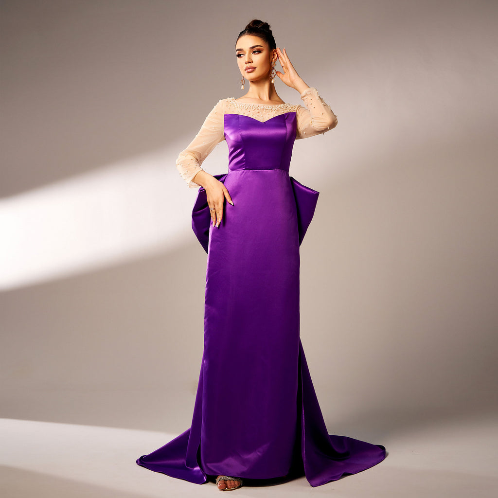 Long Sleeves Round Neck Beaded Party Dress with Large Bow