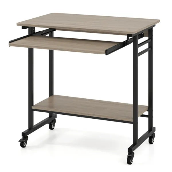 Bureau d'ordinateur mobile gris avec plateau et plateau de rangement