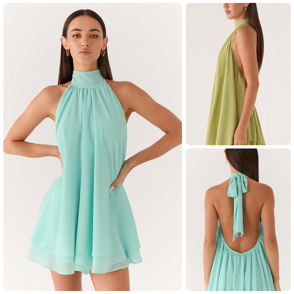 Robe sans manches col haltère Col élevé Double couche