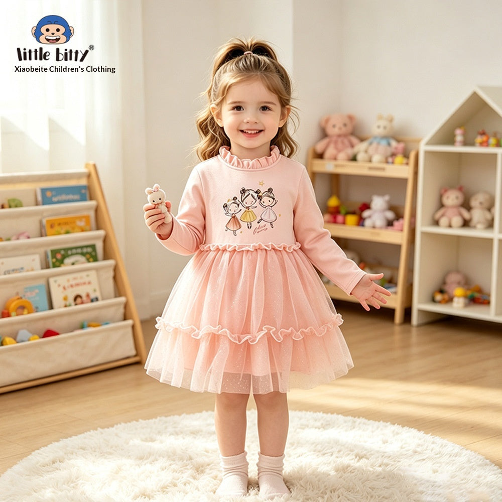 Robe imprimée à manches longues en dentelle cou-cou pour filles