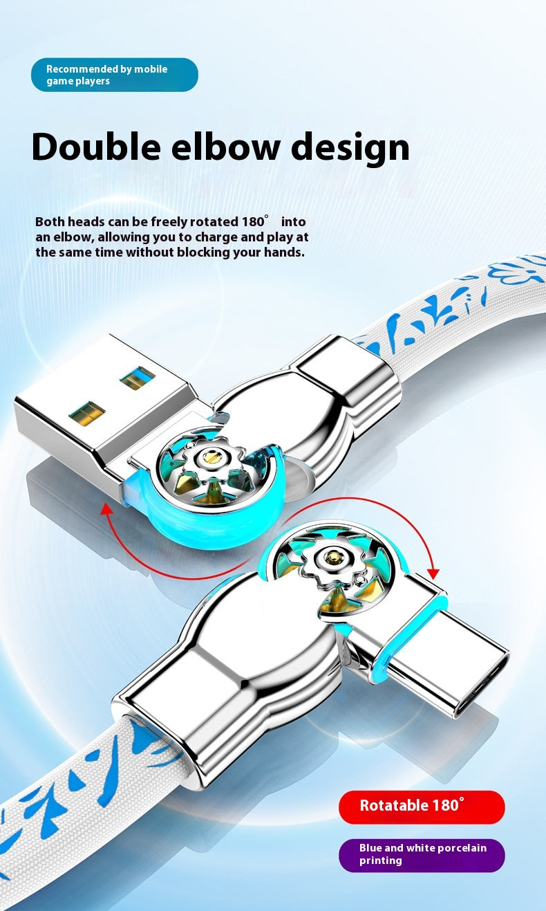 Double câble de données à charge rapide en porcelaine bleue rotative et blanche