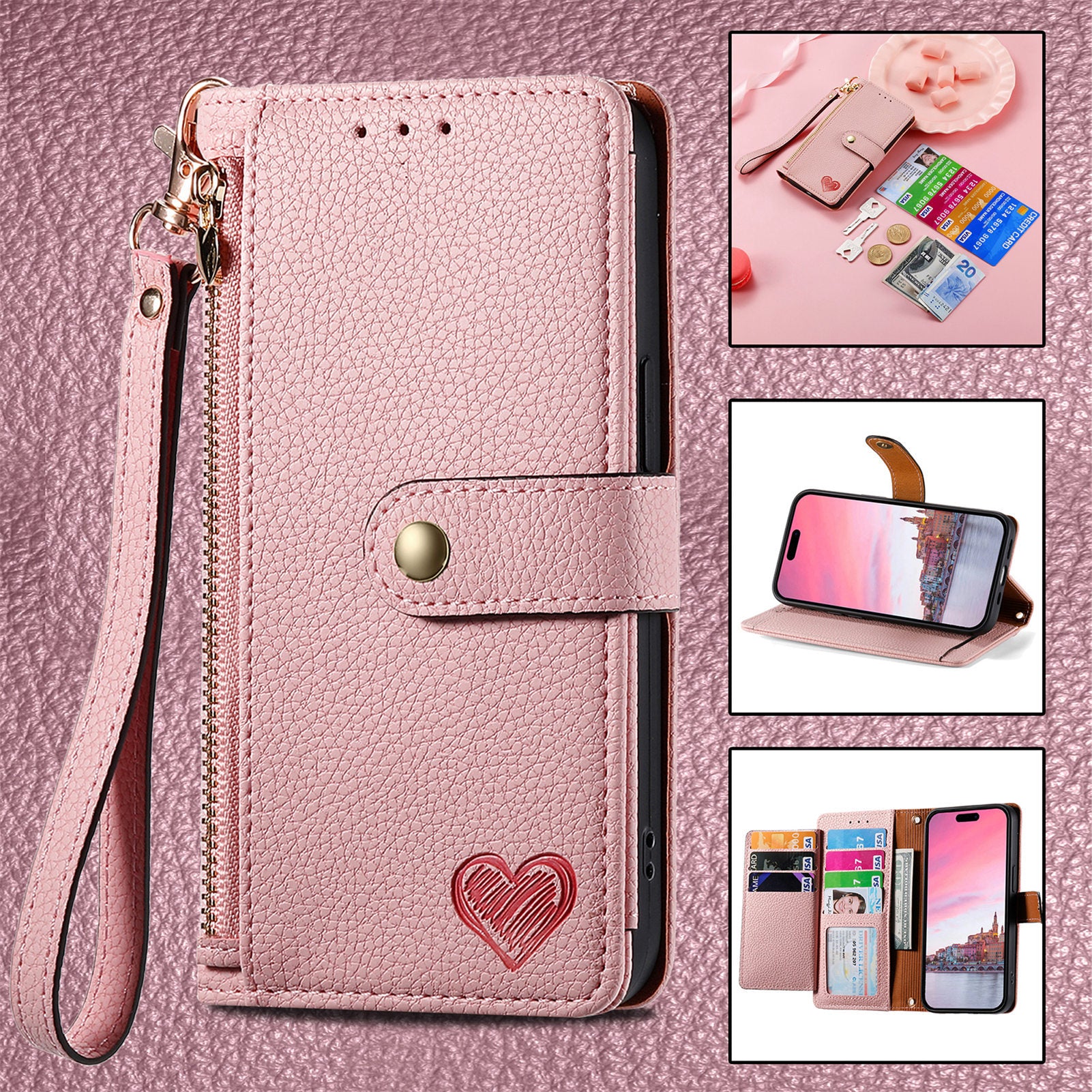 Love Sleeve PU Litchi Motif RFID antivol Lanyard Coque téléphonique