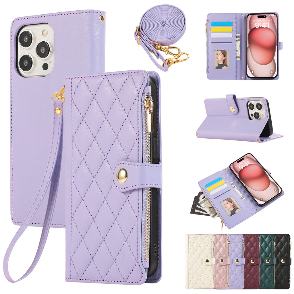 Solid Color Simple Diamond Le style de Chanel Zipper Crossbody Rope Phone Case