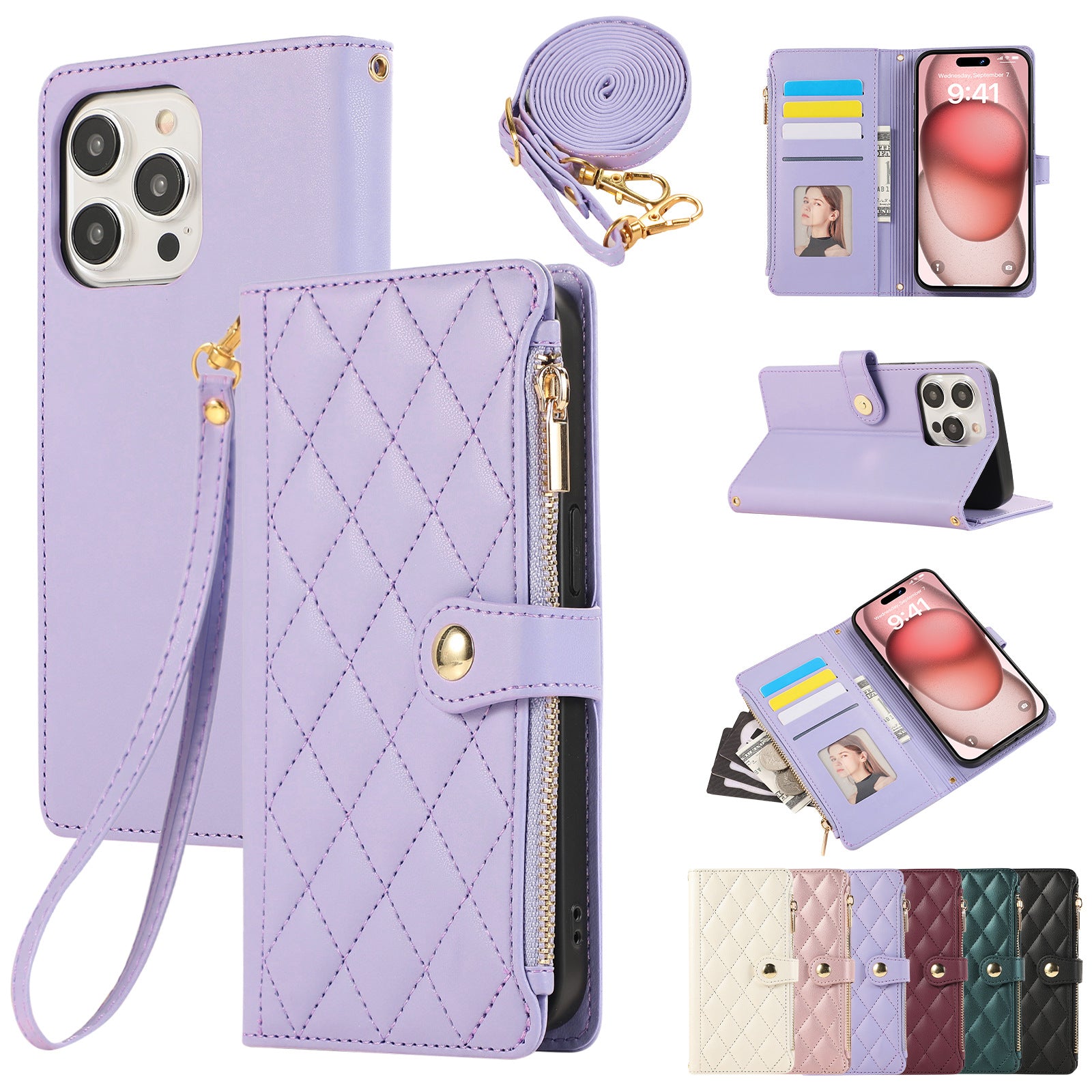Solid Color Simple Diamond Le style de Chanel Zipper Crossbody Rope Phone Case