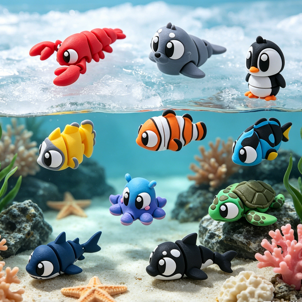 10PCS 3D imprimé Mini jeu de figurines d'animaux d'océan