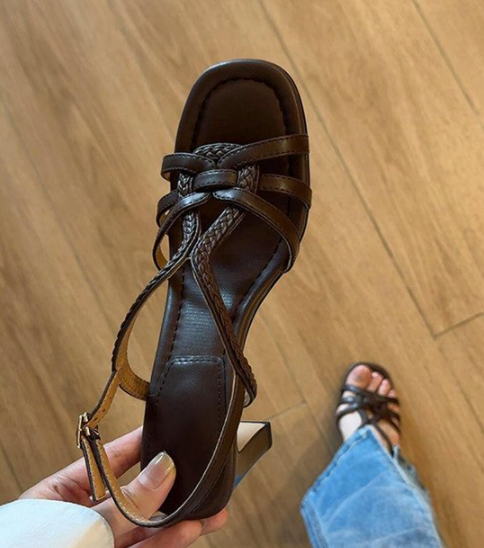 Femmes French Vintage Woven Cutout Ankle Strap Block Talon Sandales