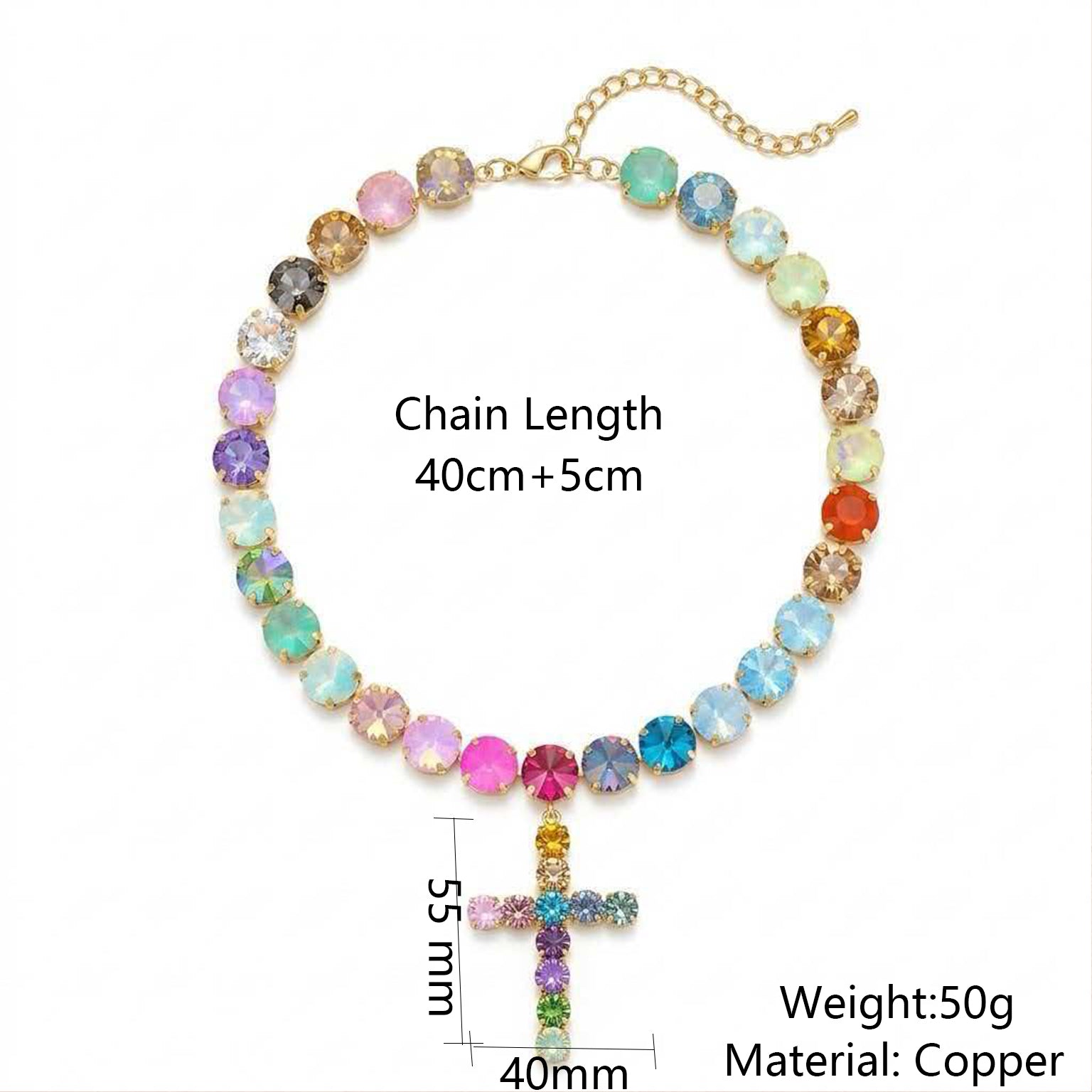 European and American Gemstone-Inlaid Multicolor Layered Mode Tassel Cross Collier Wit