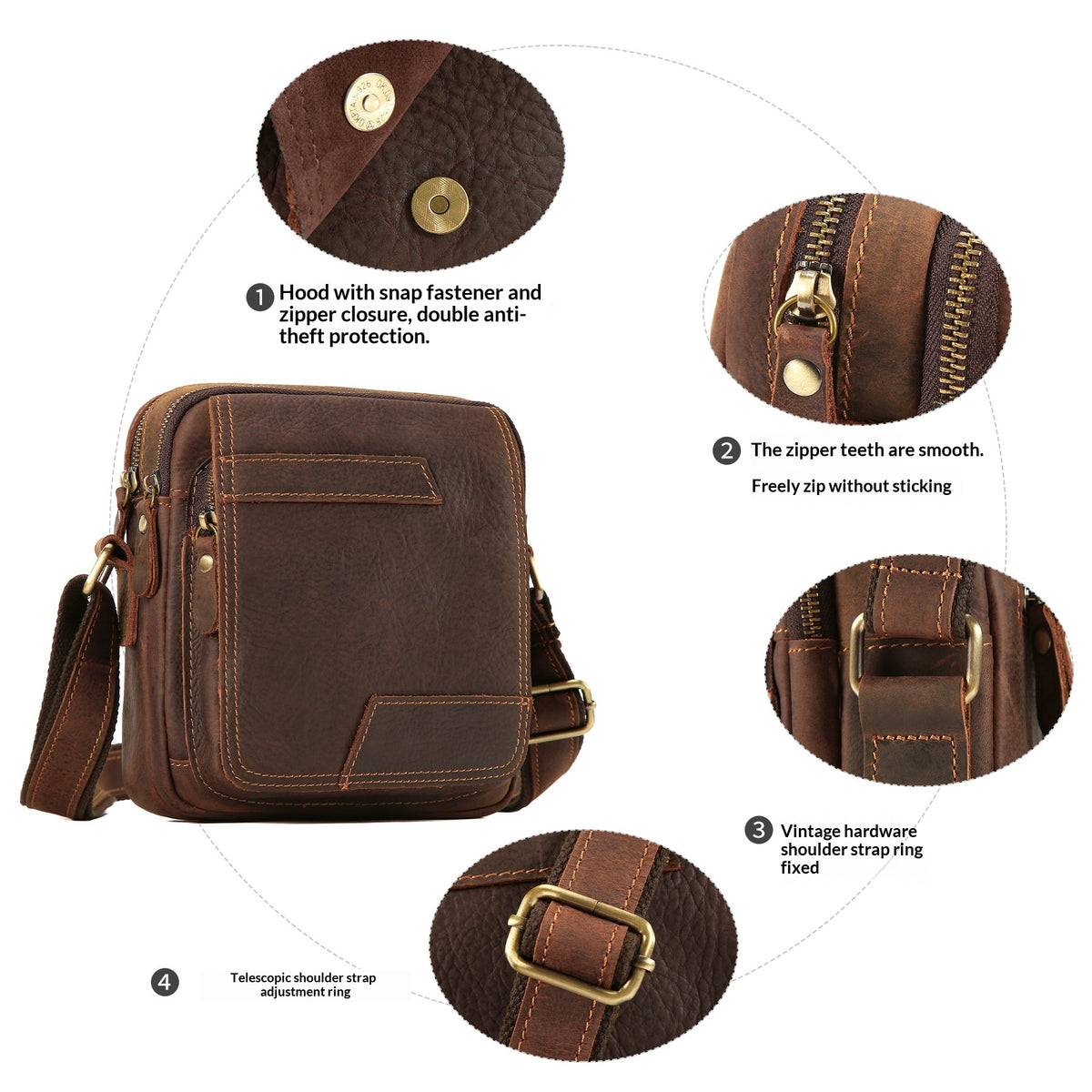 Epaule véritable en cuirCrossbody High-End Cowhide Homme Cowhide Retro Sac carré Casual