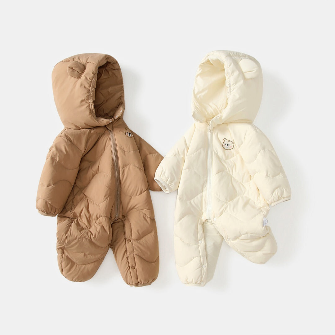 Baby Solid Color Cartoon Imprimer Hooded Down Jumpsuit