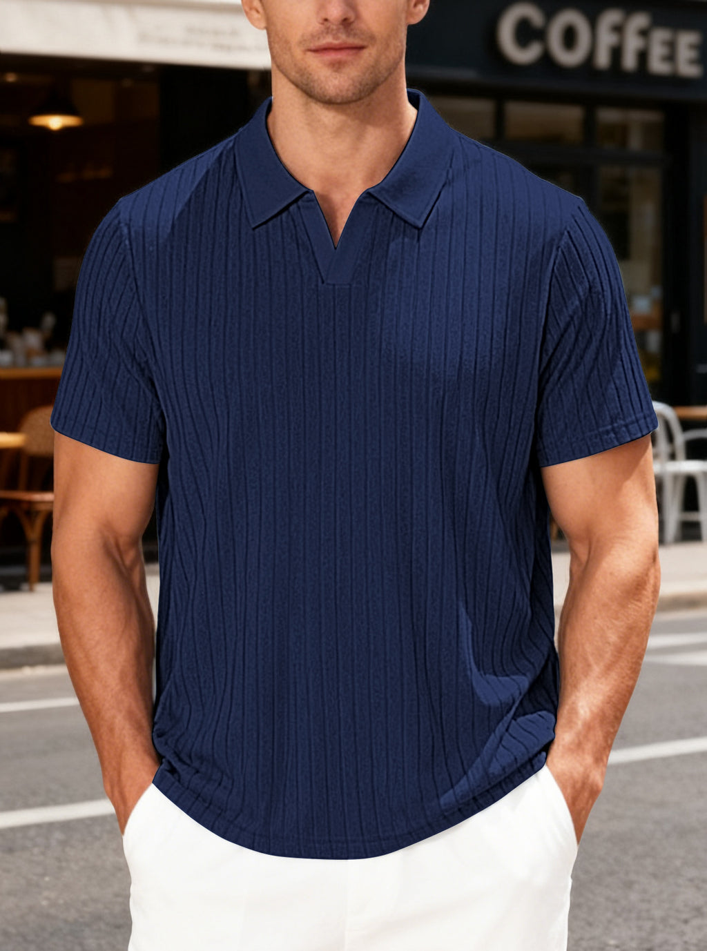 European and American Men's Summer Casual Torchon respirant Jacquard Tissu Turn-Down Colla