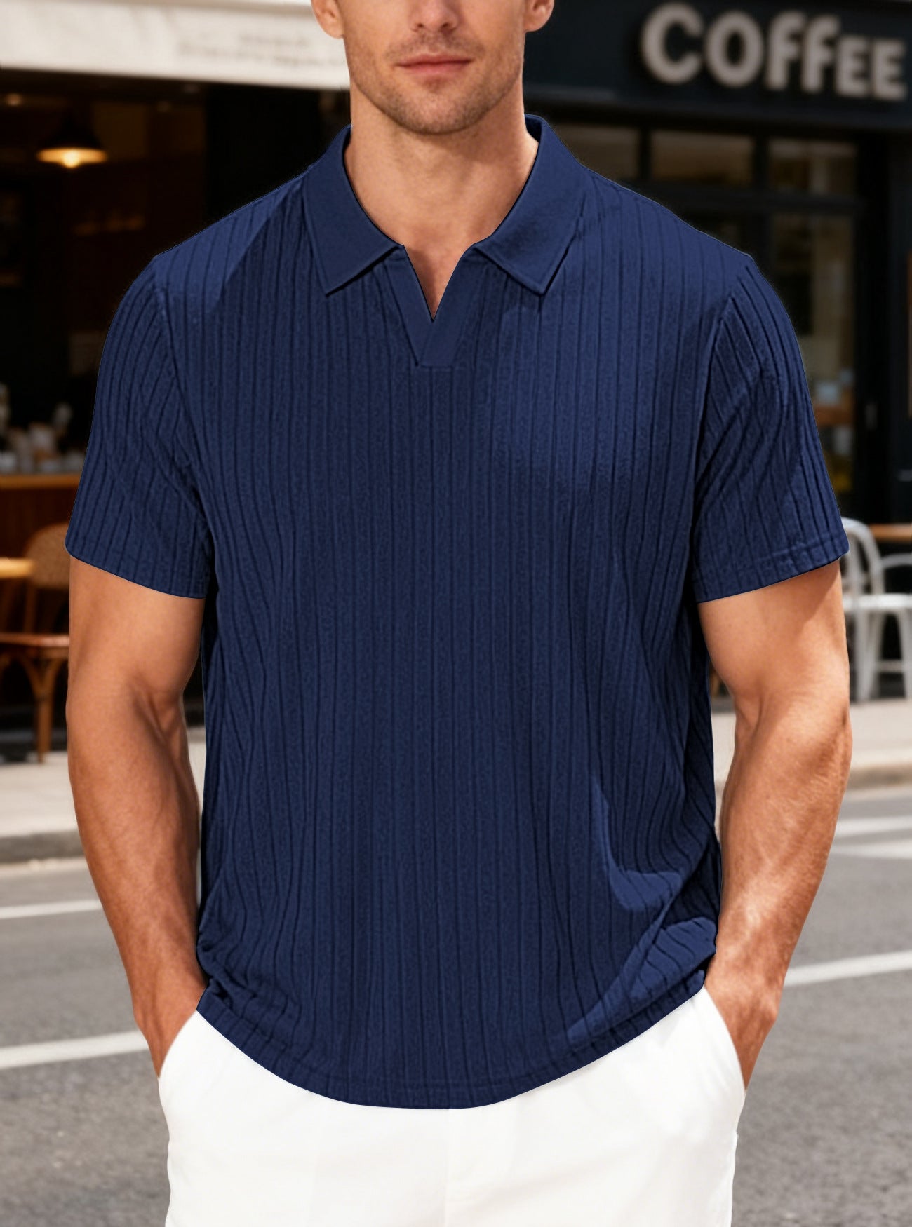 European and American Men's Summer Casual Torchon respirant Jacquard Tissu Turn-Down Colla