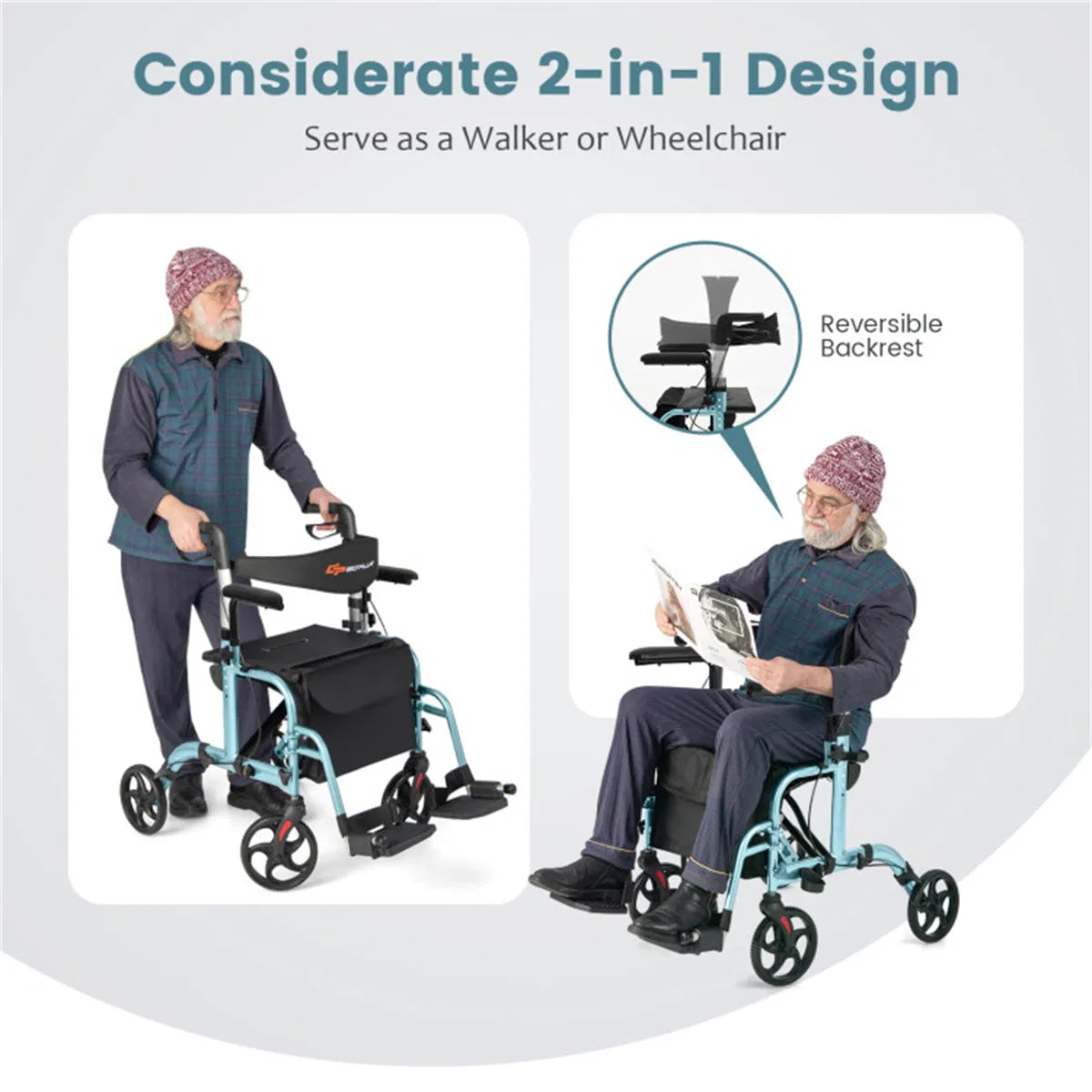2-en-1 Walker roulant et fauteuil roulant (300lbs): poignées réglables à 6 niveaux