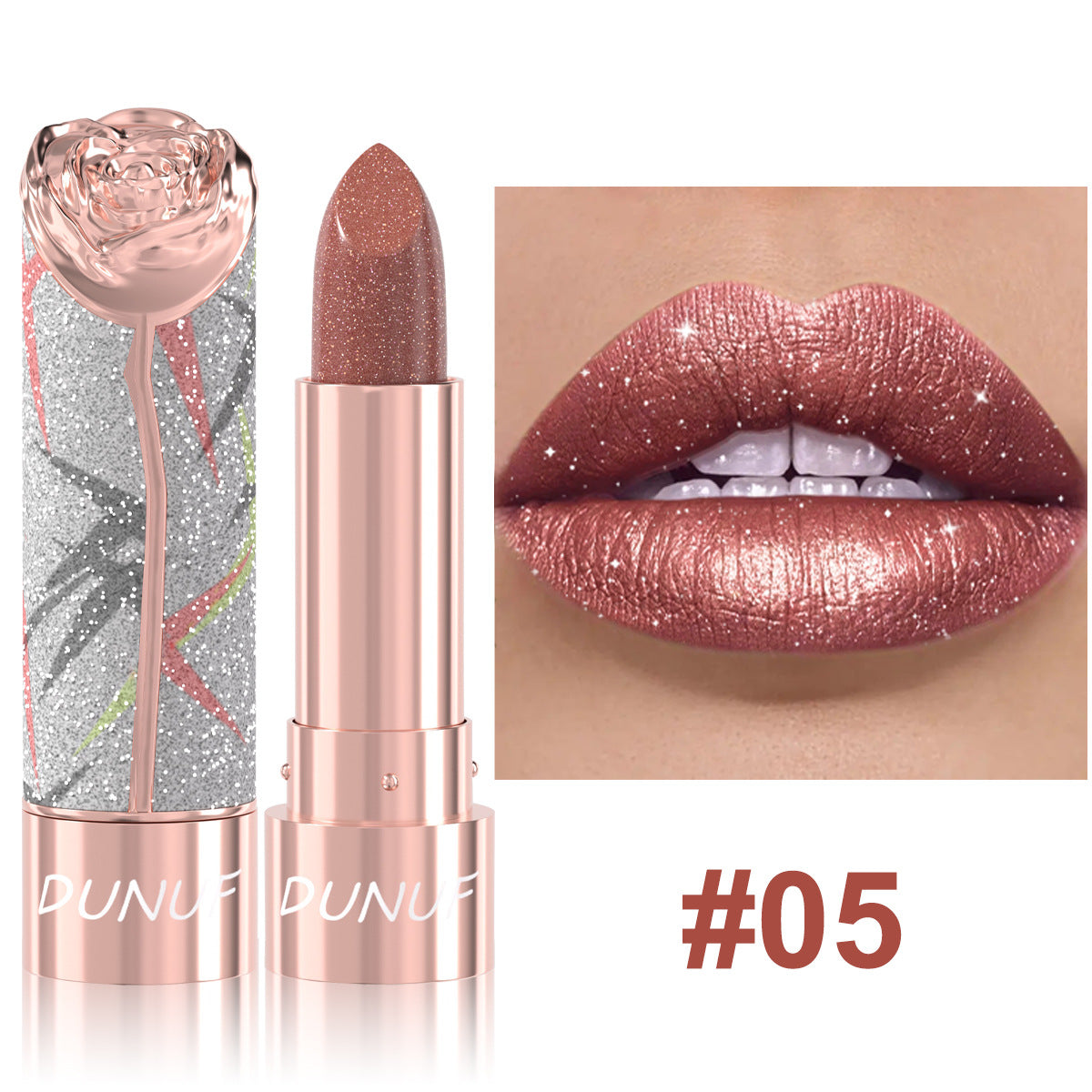 Rouge à lèvres perlescent métal-luster avec shimmer doré Et un effet tridimensionnel