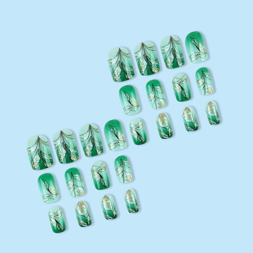 Boostez votre apparence 24 pièces Short Square Fake Green Nails Gold Foil Gradient Small Gre