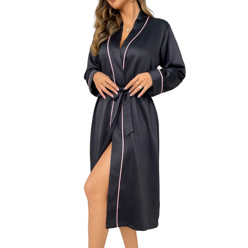 Long Ice-silk Nightgown Thin Loungewear Femmes Cardigan Peignoir