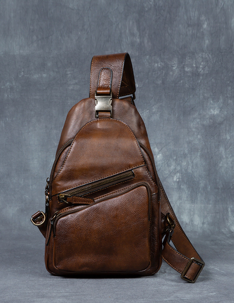 Corps transversal en cuir véritable retro à la main de poitrine homme grande capacité sac de messager