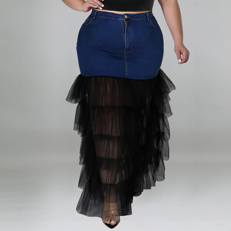 218187 L'Europe et les États-Unis Grande taille Laver les femmes Denim Mesh Sexy Jupe Amazon