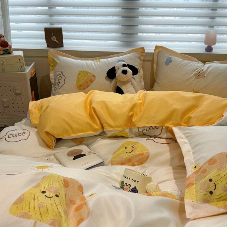Draps de lit et couverture de couette en coton lavé doux Ensemble de quatre pièces