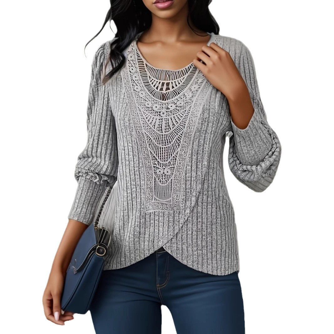 Autumn Solid-color Dentelle jumelée Col rond Top féminin à manches longues