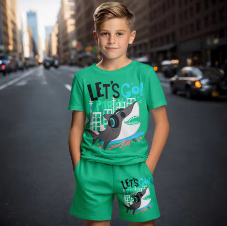 Summer Korean Style Boys Dinosaur Cartoon Print Set