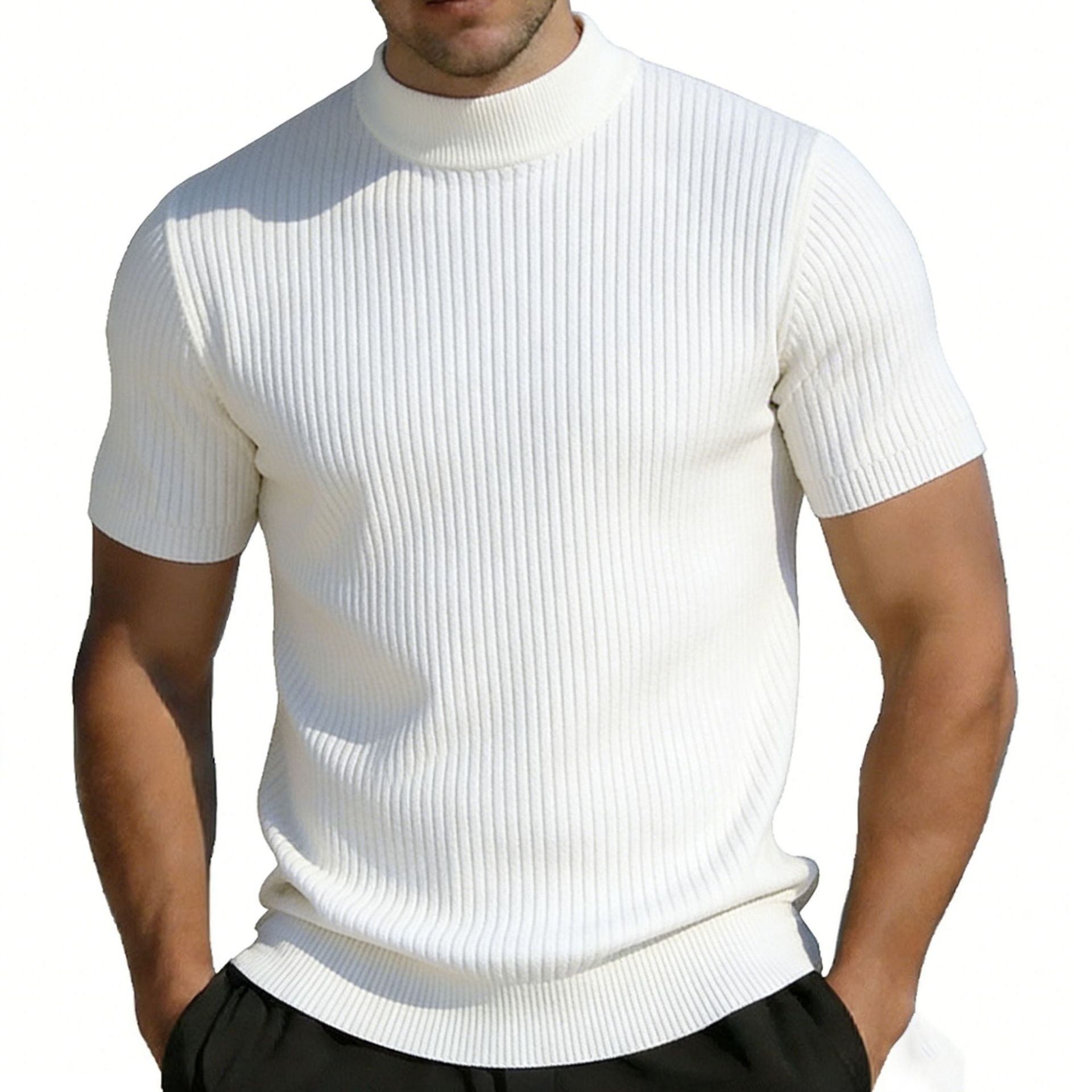 T-shirt tricoté à manches courtes pour homme Mock Neck Couleur solide