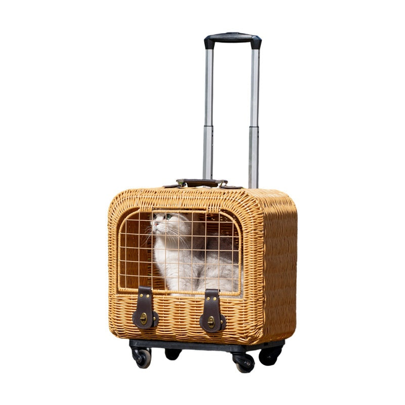 Portable porte-chat en rotin avec ventilation et poignée de traction pour les sorties