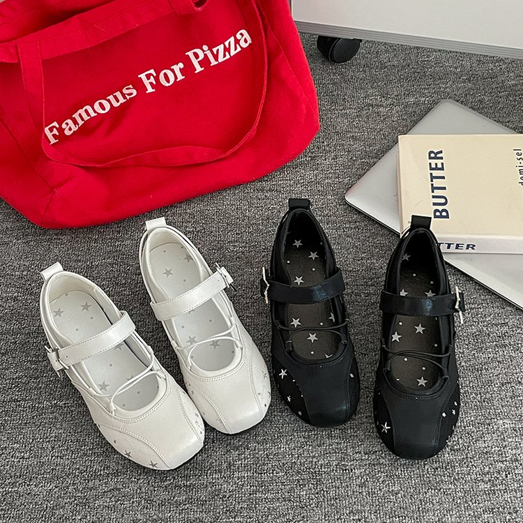 White Star Broderie Mary Jane Appartements Femmes Square Toe Buckle Strap Ballet Chaussures plates