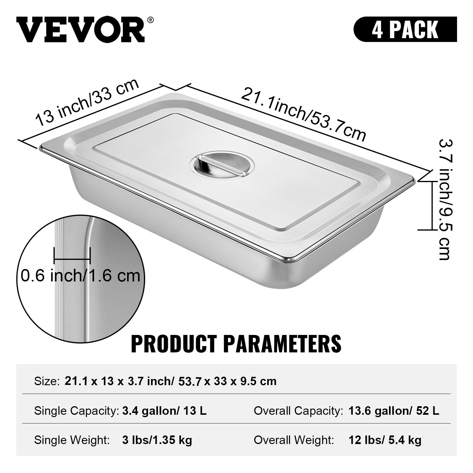 VEVOR 4 boîtes de poêles à vapeur 20,9 X 12,8 X 3,9 pouces de cuvette à vapeur profonde pleine taille 13L De