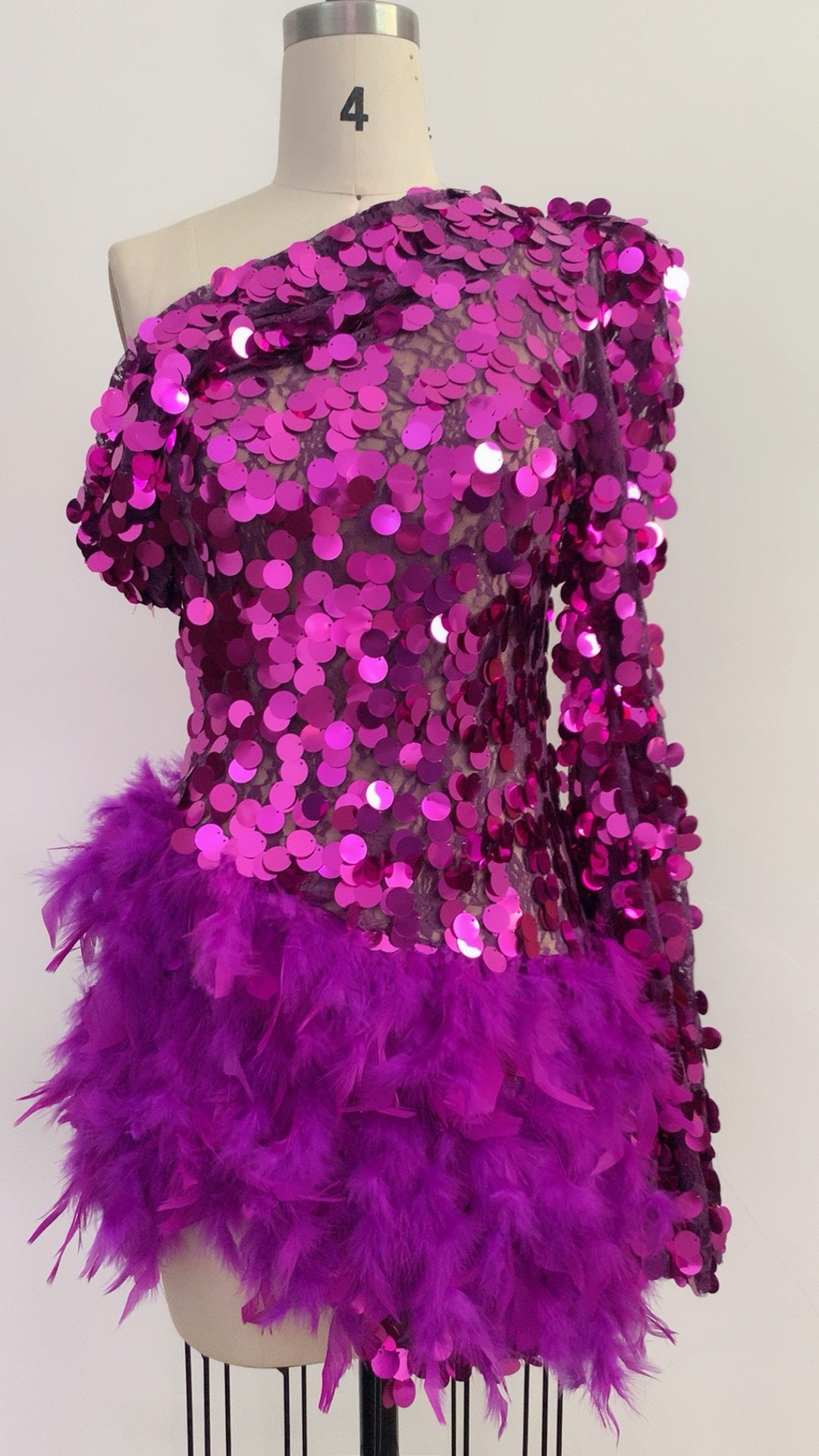 Jupe pourpre à plumes pailletées à une épaule Manche courte Robe de luxe Party Stage Performan