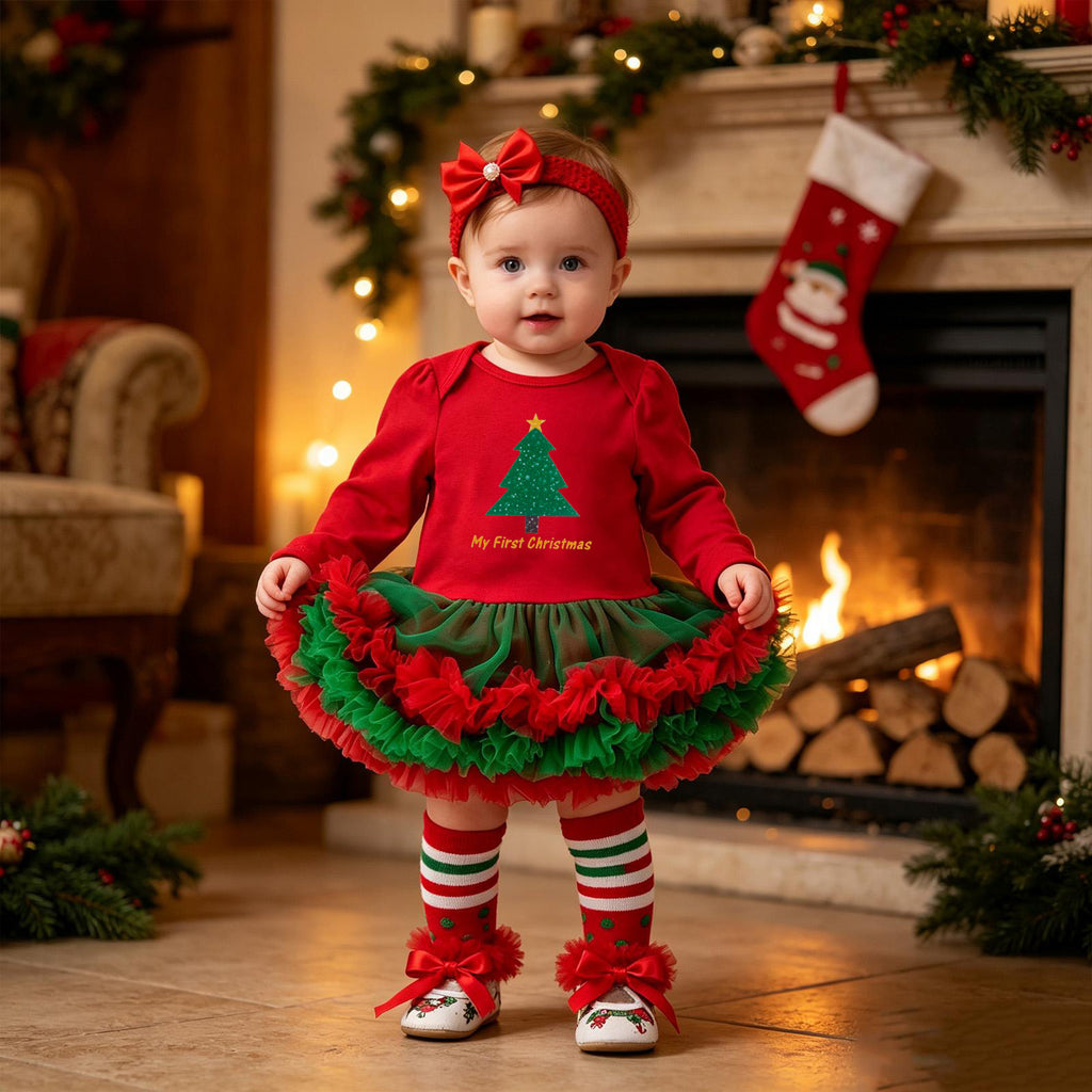 Bébé Noël à manches longues Robe de Romper rouge Tulle Une pièce Ensemble de quatre pièces