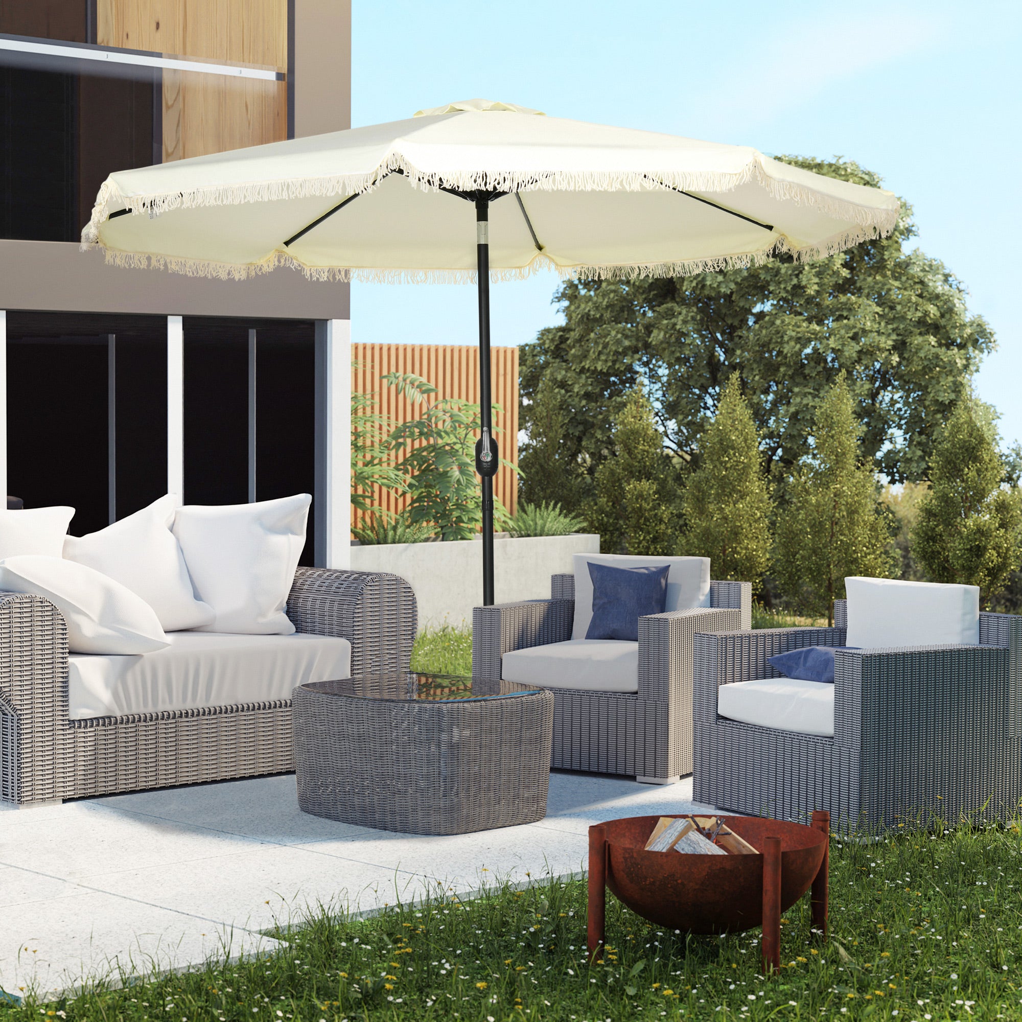 Parapluie Cantilever de 9 pieds avec Tilt bouton poussoir et Crank Tassles et 8 côtes Parapluie ombre
