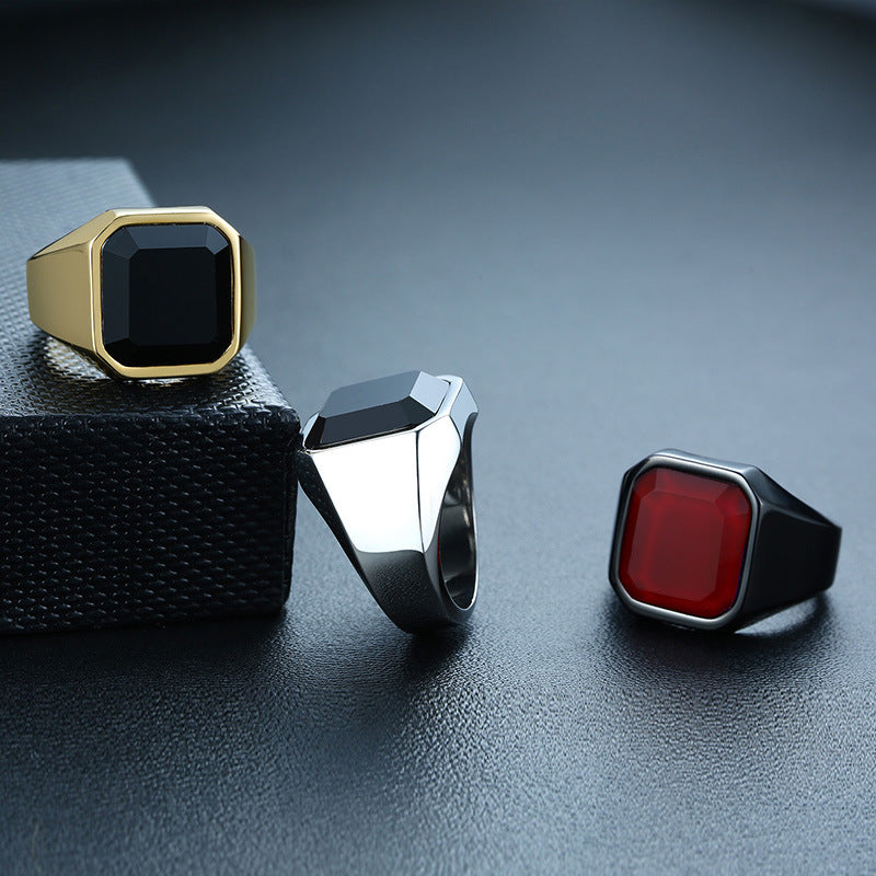 Bague agate noire en acier inoxydable pour homme