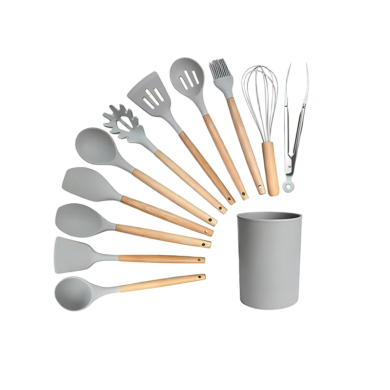Ustensile de cuisine ensemble 12 PCS Silicone outils de cuisine avec poignée en bois