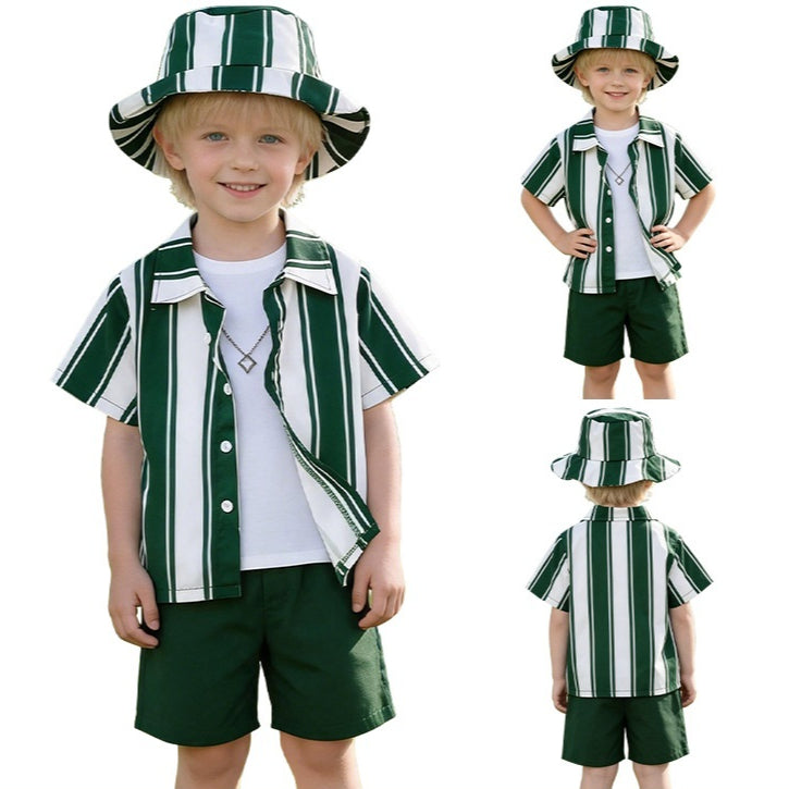 Chemise et shorts à manches courtes à rayures vertes et blanches pour garçons