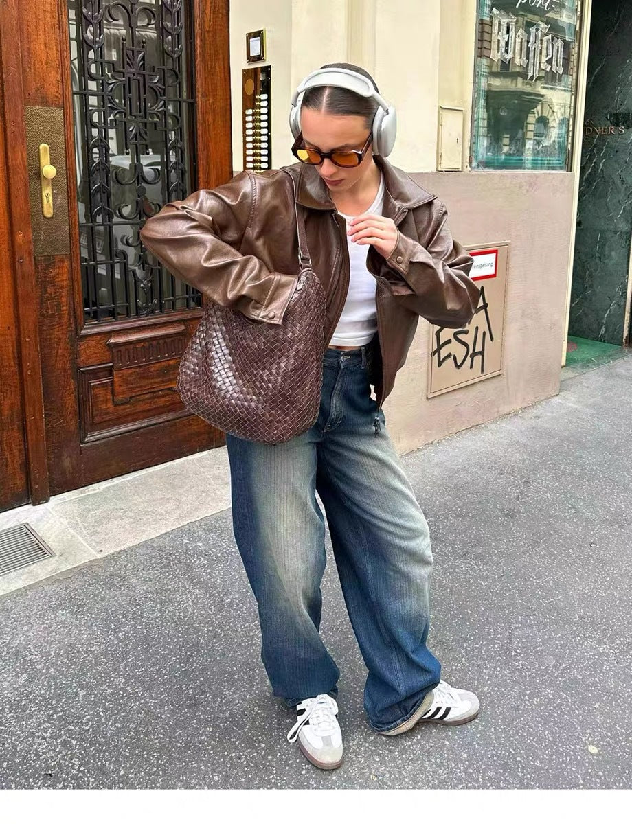 Veste de moto vintage en cuir brun pour femme
