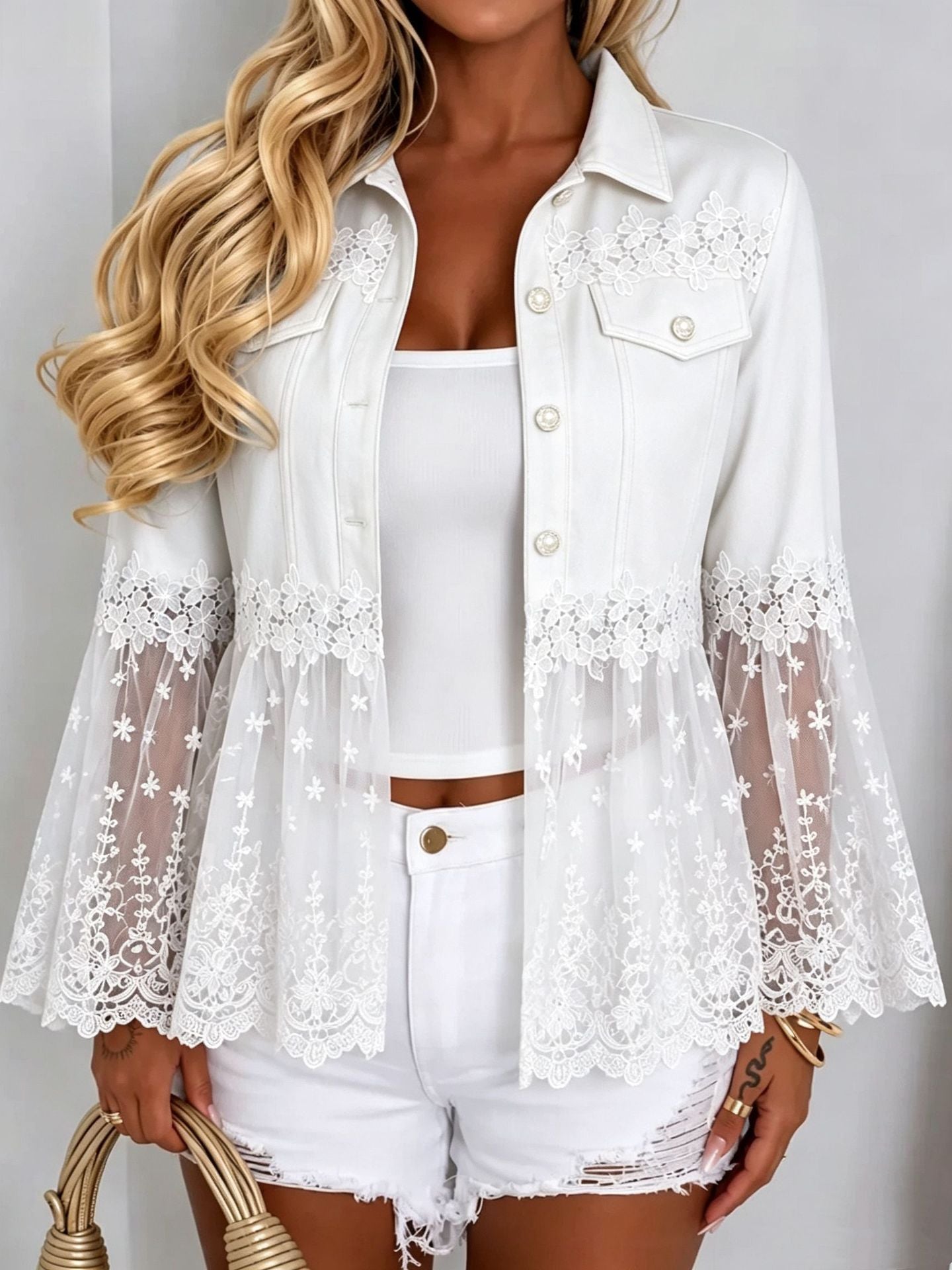 Veste en Denim en dentelle et en mailles