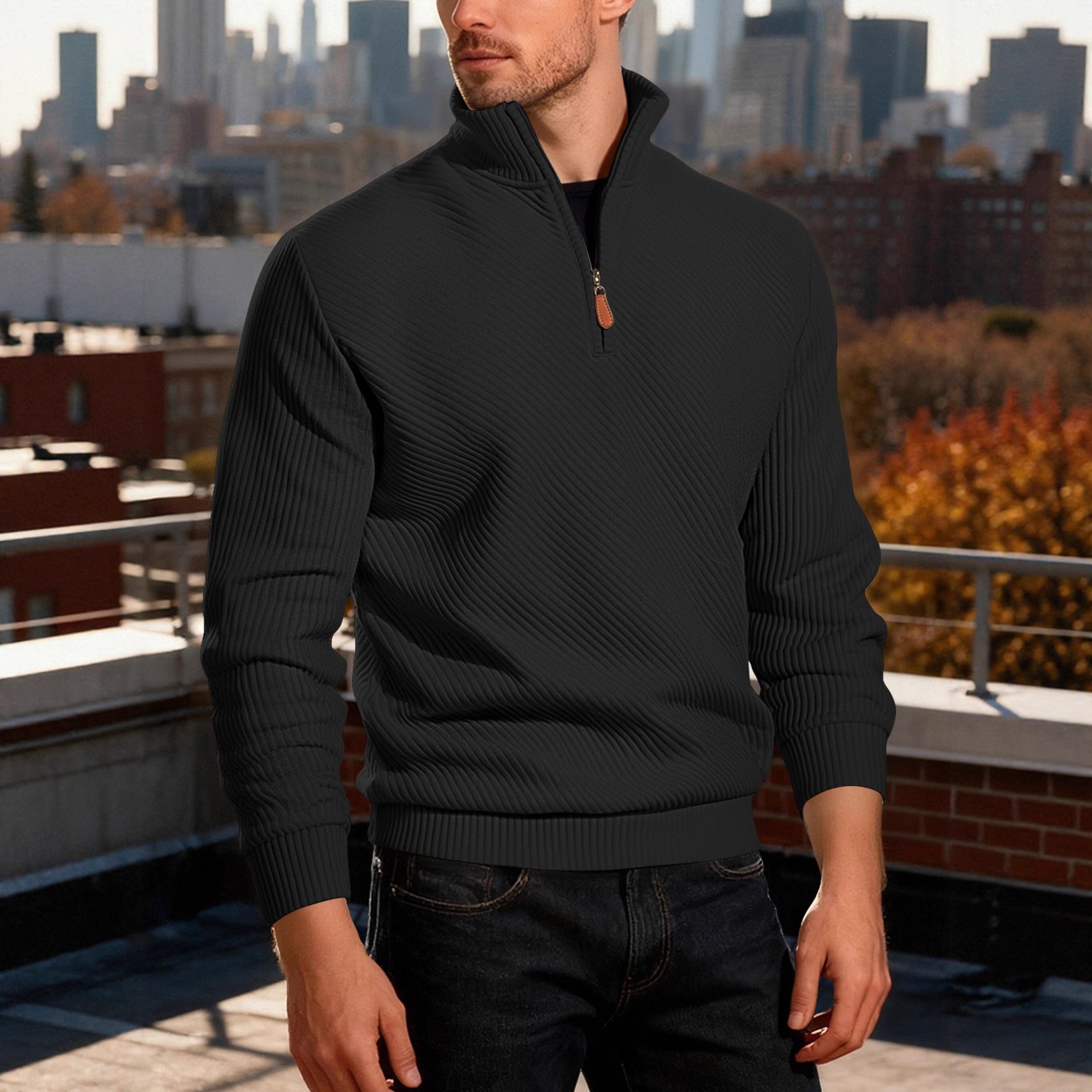 Arrivée Homme Twill Jacquard Ribbed demi-zip manches longues Plus Taille Sports Casual Sweatshir